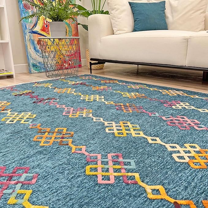Alfa Rich 5x8 Moroccan Blue Washable Area Rugs for Living Room Bedroom Kitchen Decor Cotton Rug