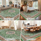 Luxury 8' x 10' Green Washable Area Rugs, Boho Low Pile Easy Clean Non-Slip Rug, Floral Medallion Pattern Vintage Rugs for Living Room, Dinning Room, Office, Bedroom, Bathroom, Laundry Room, Farmhouse