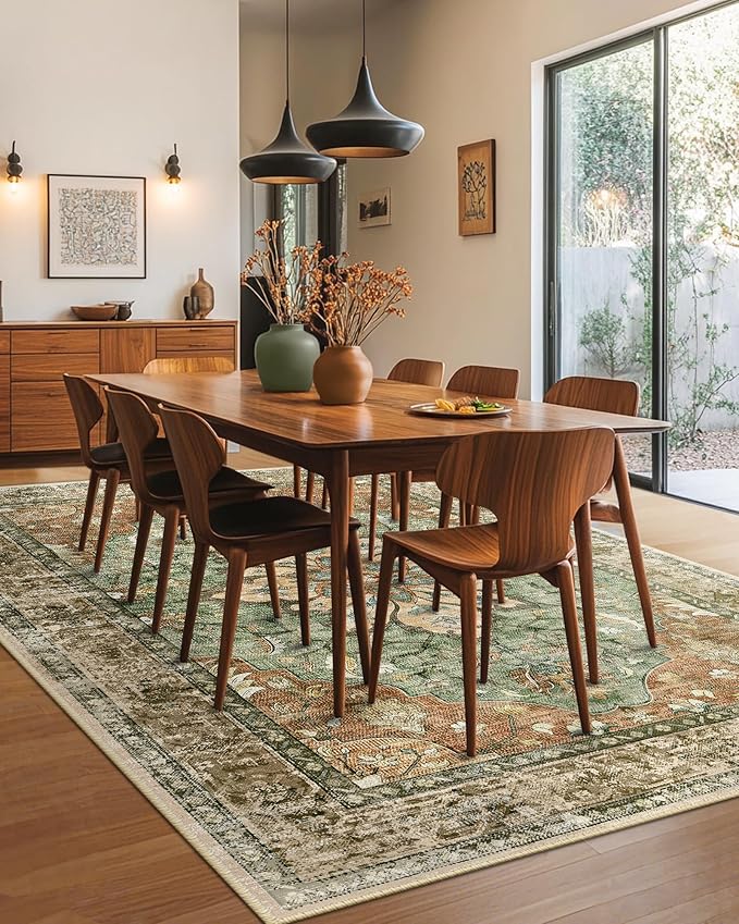 Area Rugs Square 8ft Washable Non-Slip, Floral Vintage Distress Print Pattern Medallion Carpet for Living Room Bedroom Dining Room, Brick Red Rust Neutral Brown Burnt Orange Green
