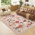 Living Room Rug 8x10 Rug Machine Washable Boho Area Rug Non Slip Floral Vintage Low Pile Large Rugs for Living Room, Bedroom, Farmhouse, Dining Room (Beige)