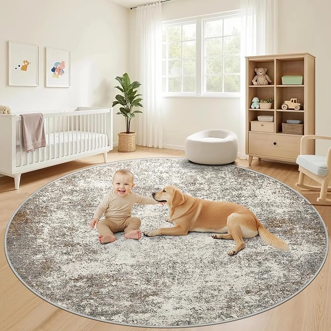 8ft Washable Round Rug - 8x8 Area Rugs Modern Abstract Rugs for Living Room Non-Slip Low Pile Soft Machine Washable Carpet for Bedroom, Living Room, Dining Room, Nursery, Farmhouse (8'x8' Brown Grey)