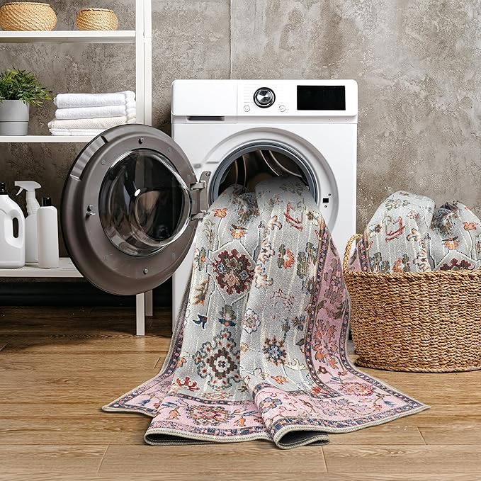GLN Rugs Traditional Collection - Machine Washable Area Rug, Traditional Washable, Non Slip, Low Pile Chenille Rug, Living Room, Bedroom, Kitchen Rug (5' x 7' Pink/Blue/Multicolor)