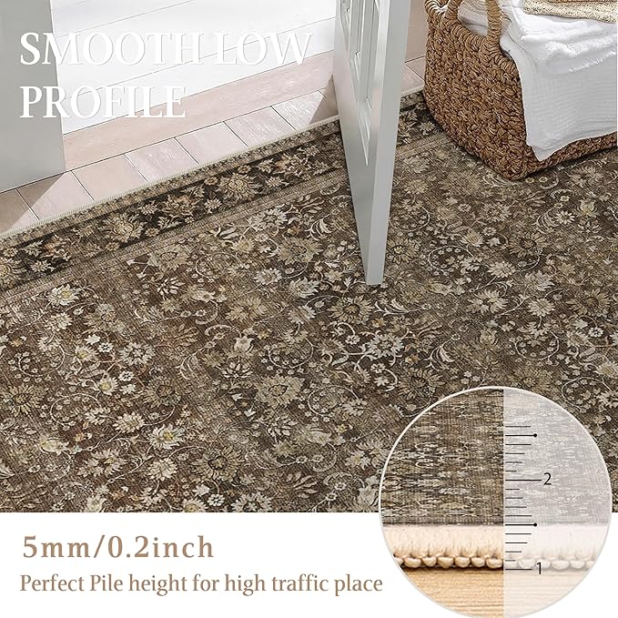 HUGEAR 10x14 Machine Washable Rugs Brown Hallway Large Area Rug Indoor Accent Rug Floral Low Pile Carpet Soft Throw Aesthetic Rug Bedroom Living Room Office Dining Room Kitchen Laundry Room