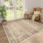 4x6 Washable Area Rug for Living Room Bedroom Dining Room Non-Slip Low Pile Boho Vintage Distressed Entryway Rug Traditional Floral Retro Accent Throw Carpet for Dining Room Bathroom Kitchen Beige