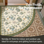 jinchan Elora Floral Corner Rug for Entryway Washable Kitchen Rug Vintage Romance Design Non Slip Quarter Circle Lightweight Low-Pile Throw Carpet for Playroom Reading Nook, 4ft Radius, Green/Beige