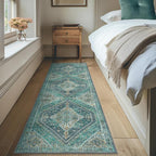 Bavni Runner Rug 2x10 Kitchen Rugs for Hallways Entryway, Washable Vintage Print Carpet, Ultra-Thin Chenille Low Pile Lightweight Rug with Non Slip Backing, Blue/Green