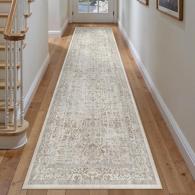 Taupe Runner Rug 3x10 Hallway Machine Washable Kitchen Vintage Distressed Non Slip Long Carpet Indoor Retro Floral Bedroom Accent Throw Rug for Bathroom Office Laundry Dining Living Room