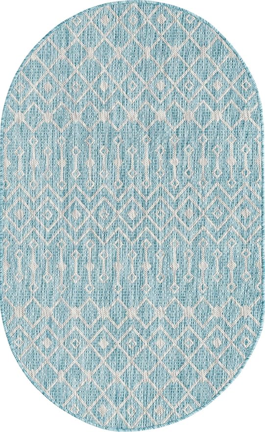 Unique Loom Outdoor Trellis Collection Area Rug - Tribal Trellis (3' 3" x 5' 3" Oval, Aqua/ Ivory)