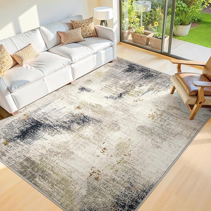 5x7 Washable Area Rugs - Modern Abstract Rugs for Living Room Non-Slip Low Pile Soft Machine Washable Carpet for Bedroom, Dining Room, Nursery, Home Office, Farmhouse (5'x7' Beige Tan)