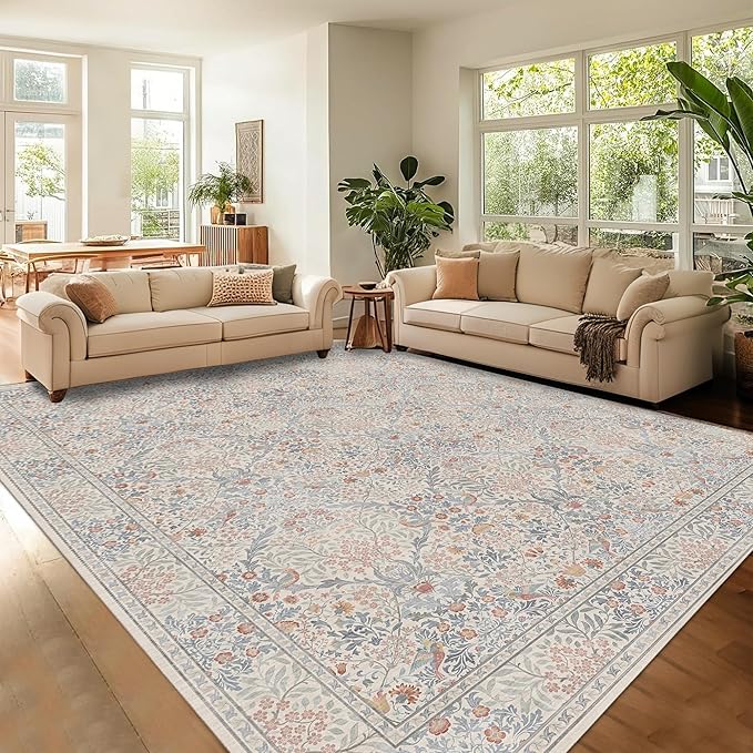 8x10 Floral Washable Area Rugs for Living Room, Vintage Boho Large Rug for Bedroom Dining Room, Distressed Botanical Birds Non Slip Low Pile Forest Animal Throw Carpet for Farmhouse Office, Beige Blue