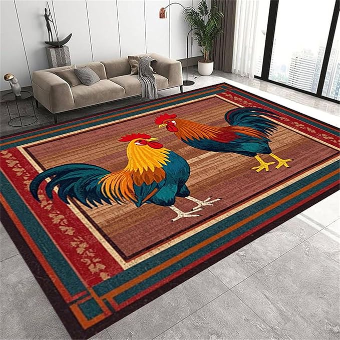 Rustic Rooster Area Rug，3x5ft,The Colorful Rooster Rug in A Farmhouse Style Adds Natural Vitality to Your Home，Soft and Comfortable Easy to Clean Carpet Suitable for Living Room Bedroom Kitchen