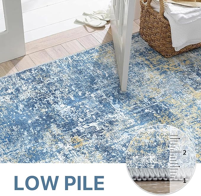 Bavni 6x9 Area Rugs Machine Washable Rug for Living Room, Modern Printed Rug Indoor Soft Area Rug for Bedroom Dining Room, Ultra-Thin Low Pile Carpet with Non Slip Rubber Backing, Denim Blue
