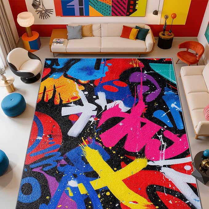 Pop Art Rug - 2x3 Area Rugs, Colorful Geometric Abstract Entryway Rug, Retro Funky Art Low Pile Fade Resistant Indoor Small Mats Home Decor #C066