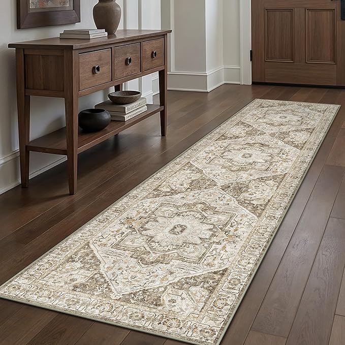 Brown Hallway Runner Rug 2x8 Vintage Washable Distressed Area Carpet Kitchen Indoor Non Slip Long Traditional Medallion Retro Accent Throw Rug for Bedroom Laundry Office Dining Living Room