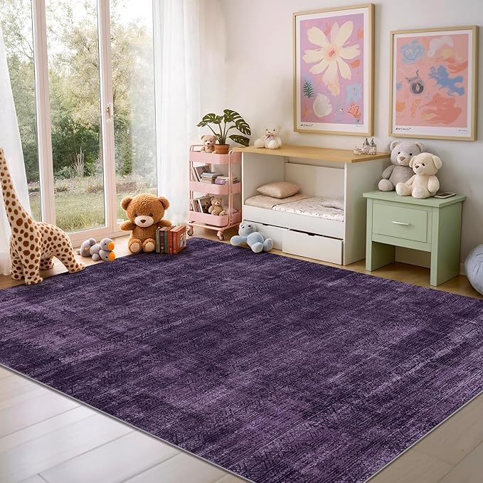 Kokia Abstract Area Rugs Washable Indoor 6x9 Rug Boho Distressed Retro Low Pile Non-Slip Non-Shedding Carpet Bedroom Living Room Dining Room, Purple Rug, Oslo Dusty