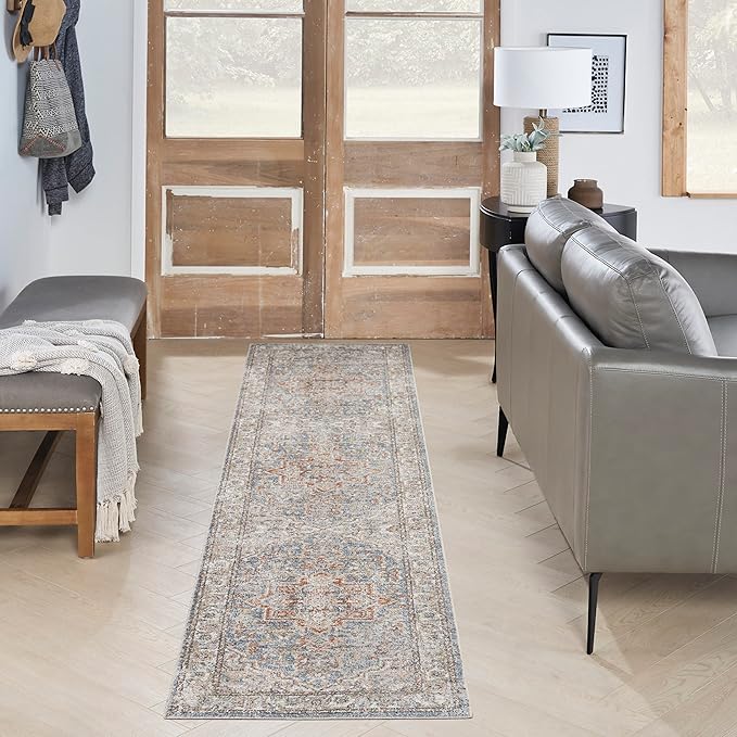 Nourison Home Astra Machine Washable Traditional Denim Multi 2'2" x 8' Area Rug, Easy Cleaning, Non Shedding, Bed Room, Living Room, Dining Room, Kitchen (2x8)