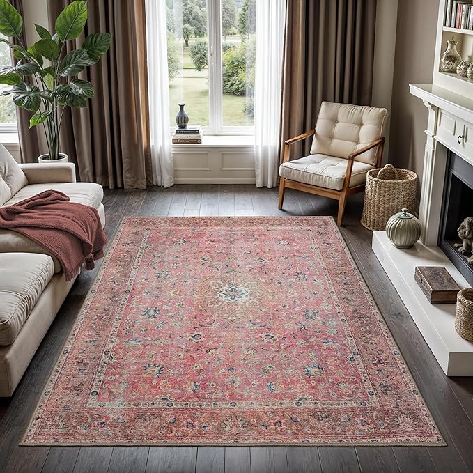 GLN Rugs Traditional Collection - Machine Washable Area Rug, Traditional Washable, Non Slip, Low Pile Chenille Rug, Living Room, Bedroom, Kitchen Rug (9' x 12' Pink/Cream)