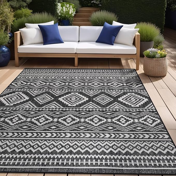 Beverly Rug Waikiki Boho Indoor Outdoor Rug 5x7, Washable Outside Carpet for Patio, Deck, Porch, Bohemian Area Rug, Farmhouse Rugs, Aztec Tribal Rug, Black and White