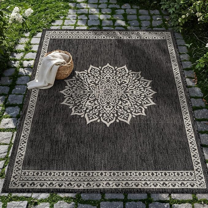 CAMILSON Outdoor Rug 6x9 Medallion Darkgray Modern Area Rugs for Indoor and Outdoor Patios Kitchen and Hallway Mats Washable Porch Deck Outside Carpet (Medallion Darkgray 6 x 9)