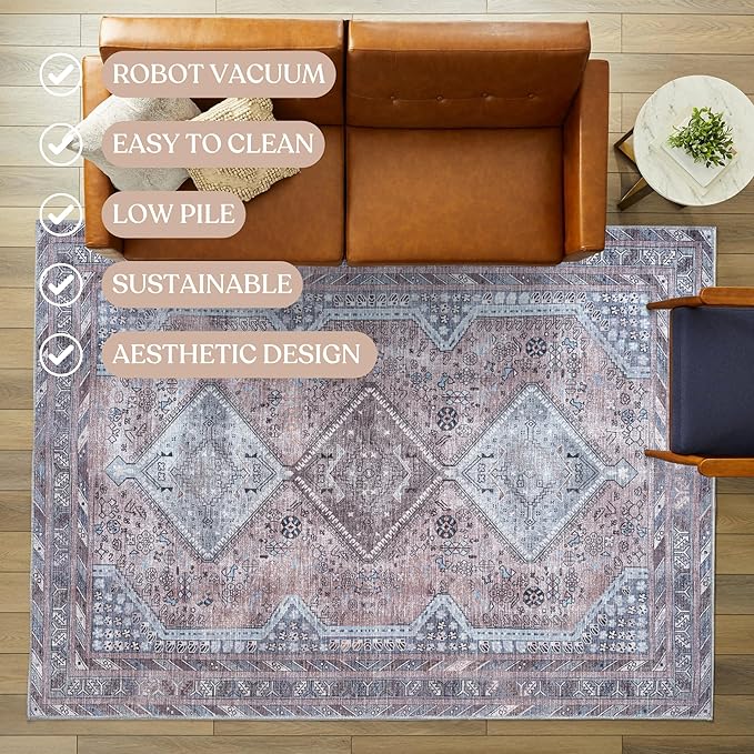 Washable Area Rug. Modern Farmhouse. Vintage. Turkish. Bohemian. Distressed. Oriental. Traditional. Rugs for Living Room. Dining. Bedroom. Office. Entryway. Foyer. (863BM, 9' x 12')