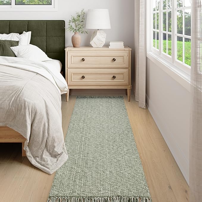 Collive Long Hallway Runner Rug 2.6' x 7', Washable Runner Indoor Entryway Rug, Olive Green/Cream Braided Woven Kitchen Runner Rugs Low-Profile Front Door Floor Carpet for Bedroom Doorway