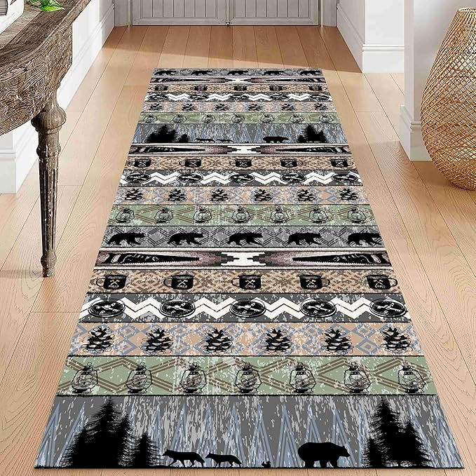 Bear Rug for Runner Rug, 3.3x7ft, Rustic Black Bear Wood Saw Compass Pine Oil Lamp Pattern Long Runner Rug, Camping Theme Multi-Color Stitching Non-Slip Floor Carpet, Cabin Style Home Decoration