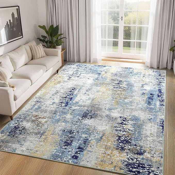 Ompaa Living Room Rug 5x8 Ultramarine Area Rug Machine Washable Boho Rug Non Slip Abstract Vintage Indoor Large Rugs for Bedroom, Classroom, College Dorm, Farmhouse, Dining Room, Kids Playroom