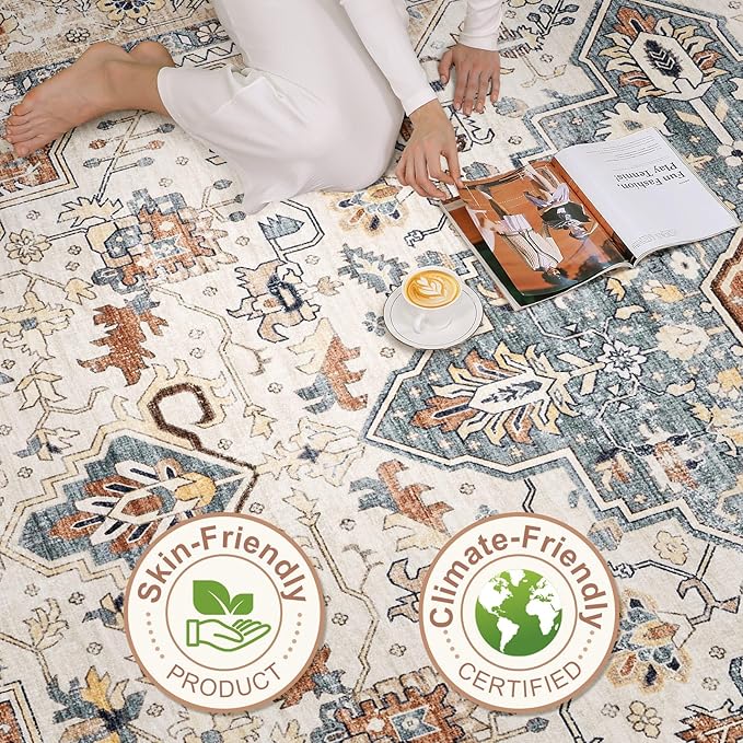 6x9 Area Rugs Living Room: Washable Boho Large Neutral Vintage Soft Rug Stain Resistant Distressed Farmhouse Non-Slip Indoor Floor Carpet for Bedroom Nursery Kids Office Dining Room- Beige Blue