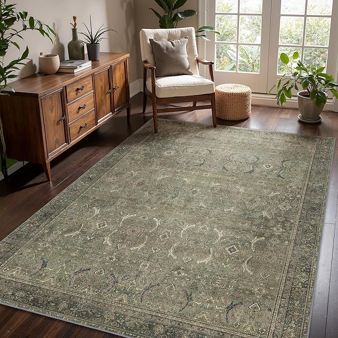 6x9 Area Rug Machine Washable Boho Rug for Living Room,Ultra-Thin Low Pile Carpet,Lightweight Indoor Printed Rug,Non Slip Floral Area Rug for Bedroom, Dining Room, Home Office,Muted Green