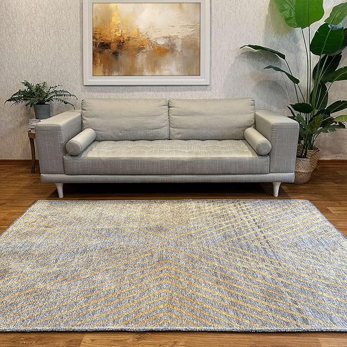Alfa Rich 7x10 Geometric Gray Gold Washable Area Rugs for Living Room Bedroom Kitchen Cotton Rug