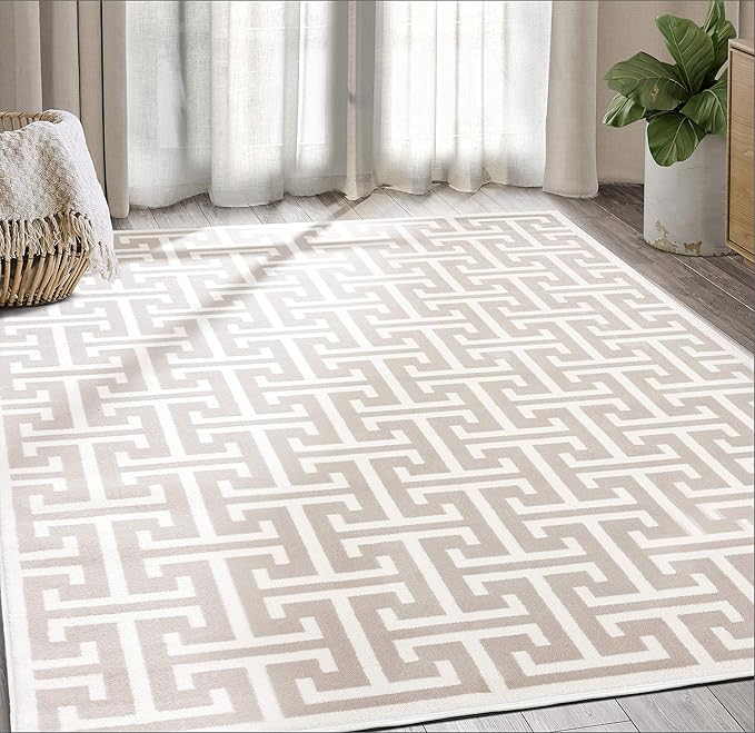Abani Contemporary 3D Beige & White Modern Greek Key Pattern Area Rug - Geometric Meander 4' x 6' Arto Collection Neutral Rug Rugs