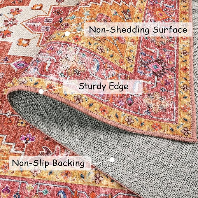 Moynesa Ultra-Thin Washable Pink Runner Rug - 2x6 Washable Long Hallway Rug Runner Kitchen Mat, Oriental Medallion Laundry Room Carpet Runner for Powder Dressing Room Cabinet Bedside Bathroom