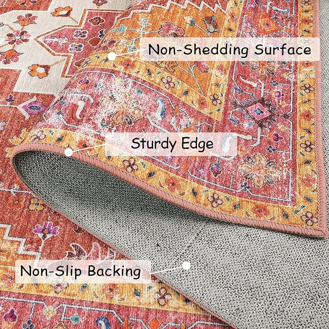 Moynesa Ultra-Thin Washable Runner Rug - 2'6"x8' Pink Runners for Hallways, Boho Non-Slip Bedroom Rug Runner, Vintage Oriental Medallion Kitchen Carpet Runner for Home Entrance Decor