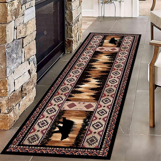 Rustic Cabin Bear Runner Rug, 2x6ft, Native American Long Runner Rug, Wildlife Black Bear Forest Hallway Rug, Vintage Brown Non-Slip Washable Southwestern Style Rug for Entry Kitchen