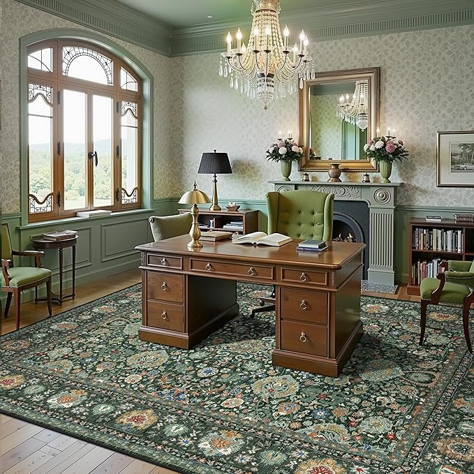 8x10 Vintage Rugs for Living Room, Washable Non Slip Large Area Rug for Bedroom Dining Room Office, Floor Decoration Big Carpet Low-Pile Kid & Pet Friendly Forest Green
