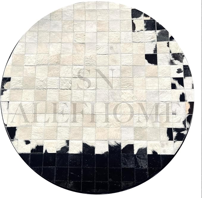 Round Geometric Patchwork Cowhide Leather Area Rug | Washable Non-Slip Carpet for Living Room, Bedroom & Home Décor(9x9 ft_White & Black)