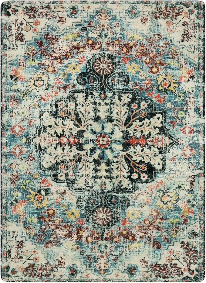 Lahome Bohemian Floral Medallion Area Rug - 4x6 Teal Soft Bedroom Rug Washable Entryway Mat, Non Slip Pet Friendly Indoor Floor Accent Carpet for Bathroom Mudroom Basement Studio