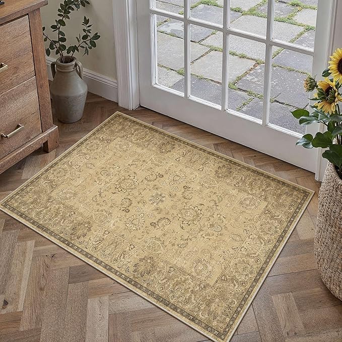 HUGEAR 2x3 Machine Washable Entryway Rugs Vintage Brown - Neutral Non Slip Stain Resistant Low Pile Aesthetic Throw Carpet Kids & Pet Friendly for Hallway Bedroom Kitchen
