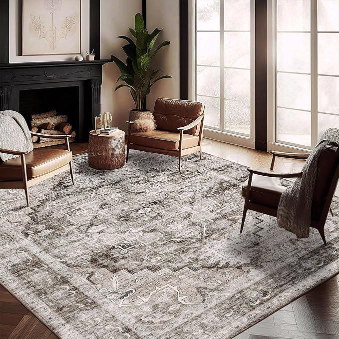 Washable Area Rug 9'x12' Deep Khaki Retro Flowers Boho Design Non-Shedding Easy Care Ideal for High Traffic Areas in Living Room Bedroom Office Coffee Table Kitchen Large Carpet
