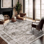Washable Area Rug 9'x12' Deep Khaki Retro Flowers Boho Design Non-Shedding Easy Care Ideal for High Traffic Areas in Living Room Bedroom Office Coffee Table Kitchen Large Carpet