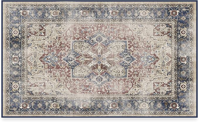 RUGGABLE Washable Vintage Area Rug – Kamran Royal Blue 3x5, Stain-Resistant, Non-Slip – Small Machine Washable Rugs for Living Room, Bedroom, Hallway, Entryway & Office–with Standard Pad