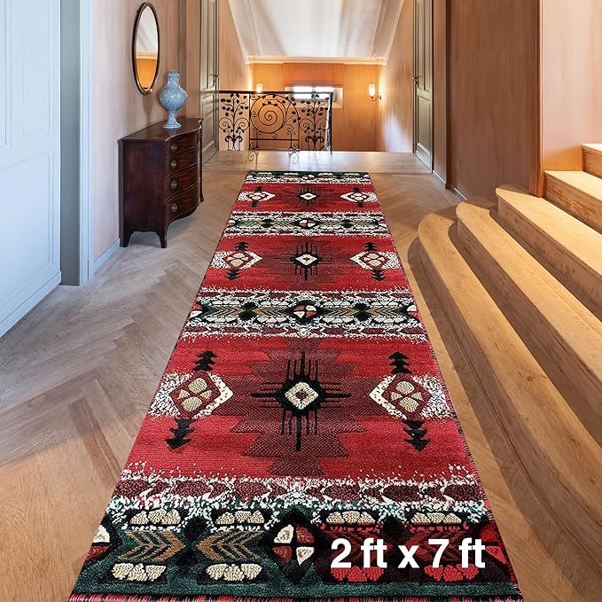 YHSF South West Native American Area Rug C318 - Easy Clean, Thick, Soft, Durable Native Tribal American Indian Inspired Rug for Bedroom/Living Room and More - Red, 2 Feet x 7 Feet