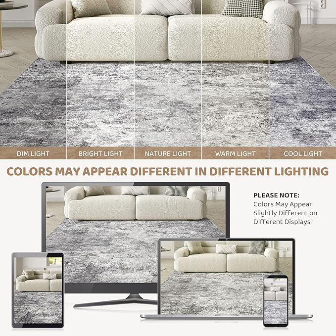 Square Area Rugs : Washable 6x6 Neutral Modern Abstract Carpet for Living Room Bedroom - Soft Floor Mat with Non Slip Backing for Kitchen Nursery Dorms Farmhouse Home Decor - Grey