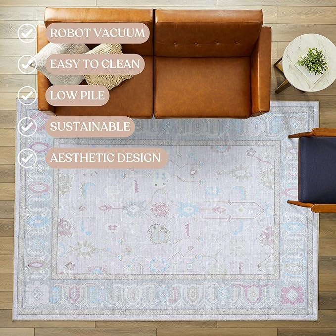 Fame Living Pink Oushak Rug, Modern Small Rugs, Vintage, Turkish, Eclectic, Floral, Pastel, Washable, Door Mat, Doormat for Indoor Entrance, Entryway, Kitchen, Bathroom, Bedroom, Laundry, 2'x3'