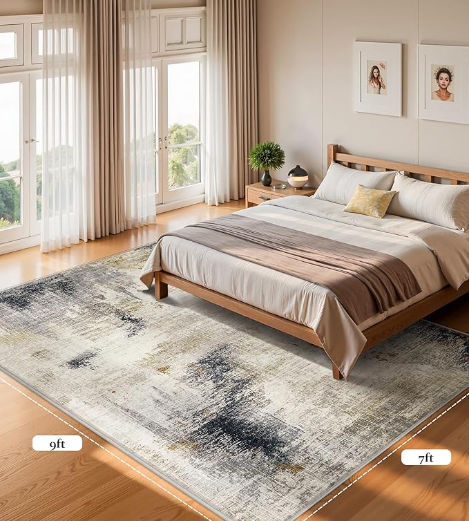 7x9 Washable Area Rugs - Modern Abstract Rugs for Living Room Non-Slip Low Pile Soft Machine Washable Carpet for Bedroom, Dining Room, Nursery, Home Office, Farmhouse (7'x9' Beige Tan)