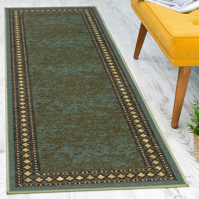 Antep Rugs Alfombras Modern Bordered 2x7 Non-Skid (Non-Slip) Low Profile Pile Rubber Backing Indoor Area Runner Rugs (Green, 2' x 7')