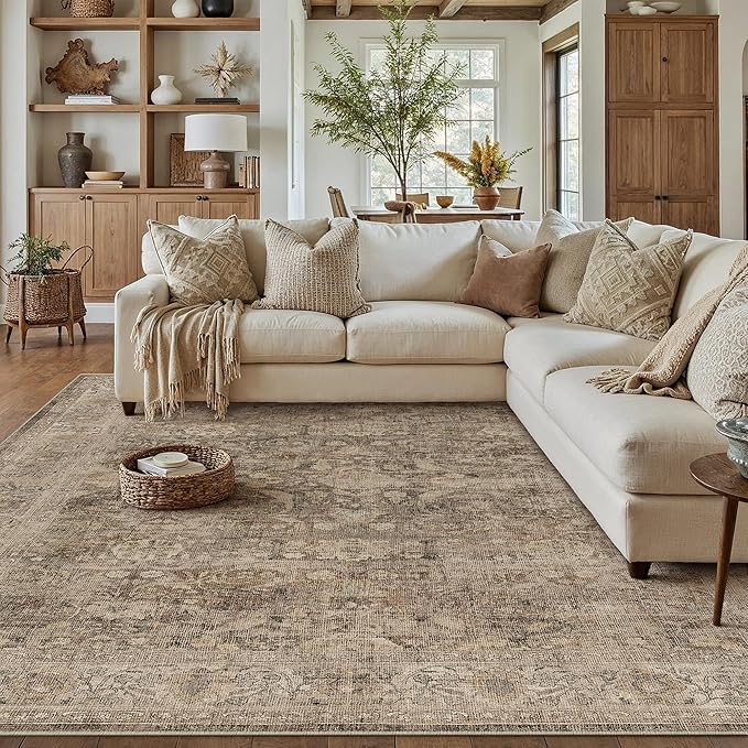9x12 Rust Brown Area Rug for Living Room Bedroom Neutral Soft Non Slip Rug Low Pile Vintage Distressed Large Carpet for Dining Room Nursery Office Indoor