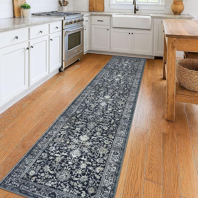 KILOCOCO Hallway Runner 2x10 Rug Runner Printed Vintage Floral Washable Non-Slip Rubber Backed Runners for Hallways Kitchen Laundry Room Entryway Bedroom, Charcoal