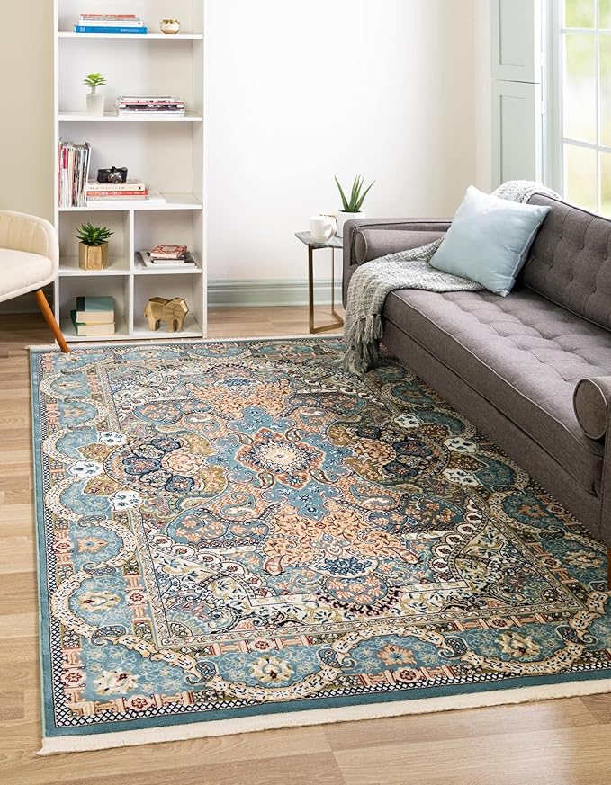 Unique Loom Narenj Collection Classic Traditional Medallion Textured Design Area Rug, 5 x 8 ft, Blue/Tan