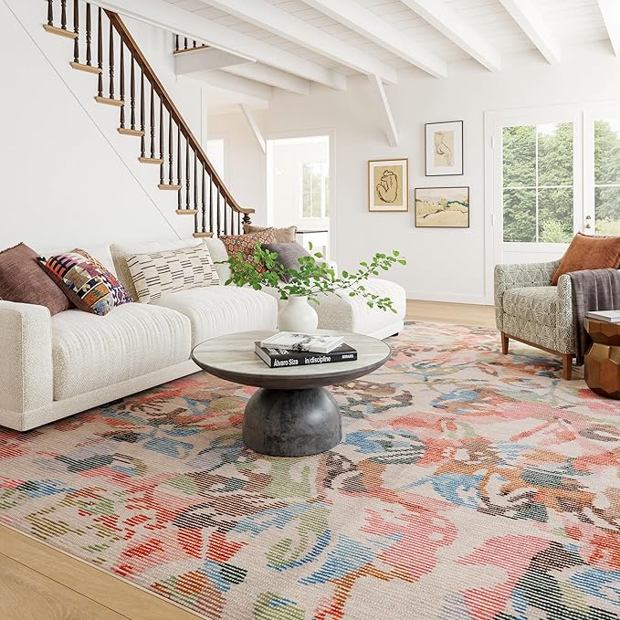 Dash & Albert Bloom Multi Machine Washable Rug, 6 X 9 Feet, Blue/Ivory Floral Pattern